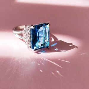Elegant Blue Silver Ring with Blue CZ- Size 8